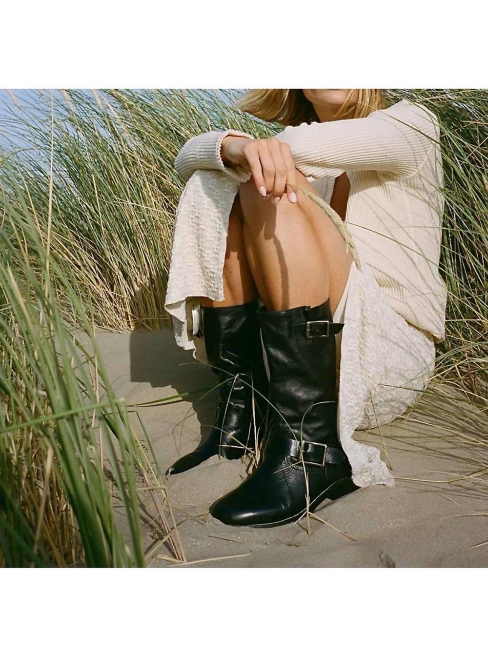 Free People Black Leather Mid-Calf Buckle Heeled Boots - Picture 2 of 14